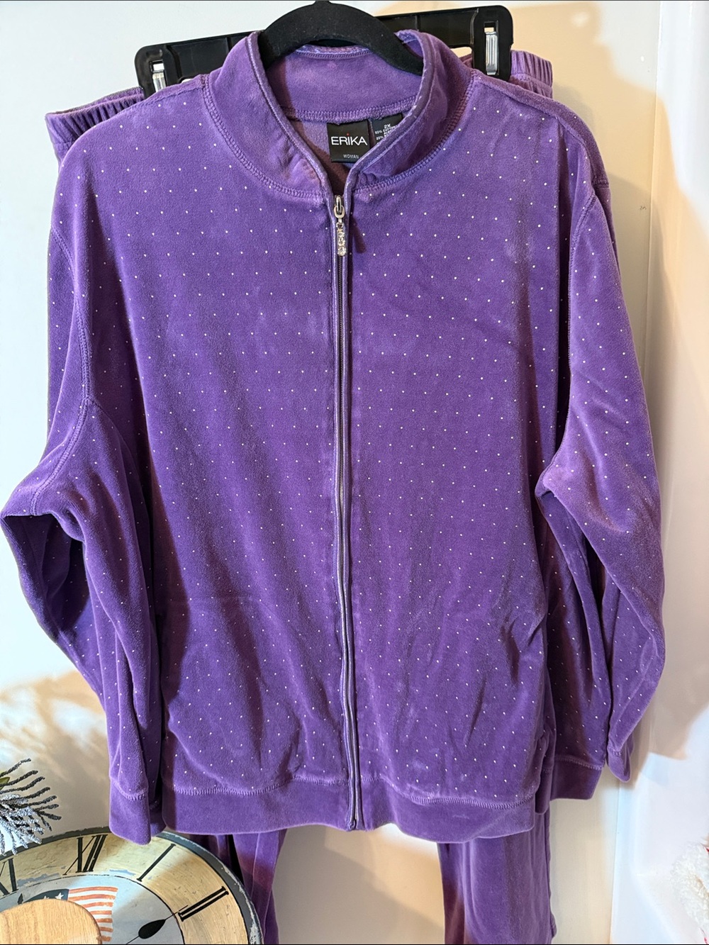 Vintage Erika Lavender Velour Zip-Front Jacket with Rhinestone Accents and pants